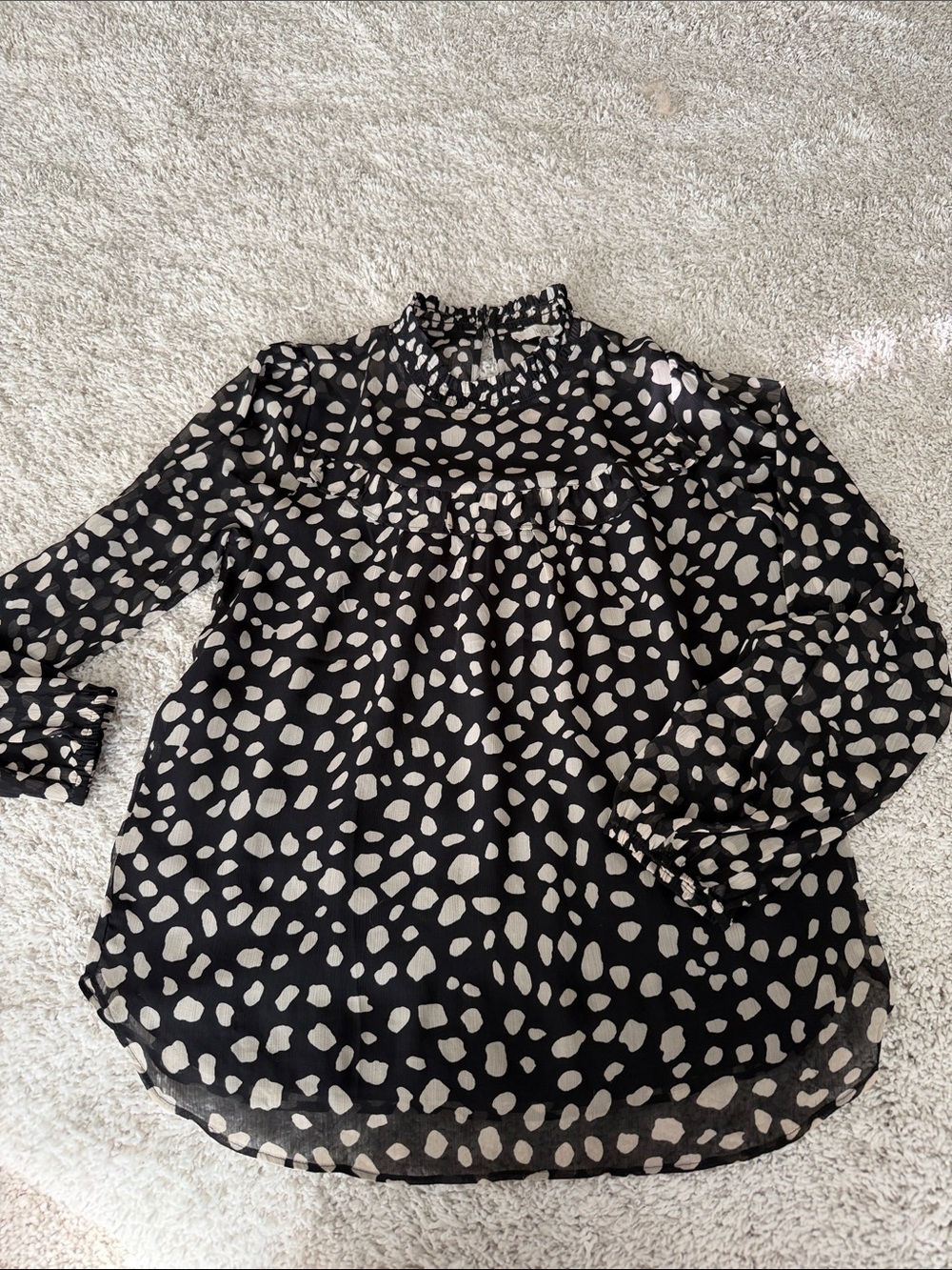 LOFT Black Blouse with Beige Spot Print and Ruffle Neck